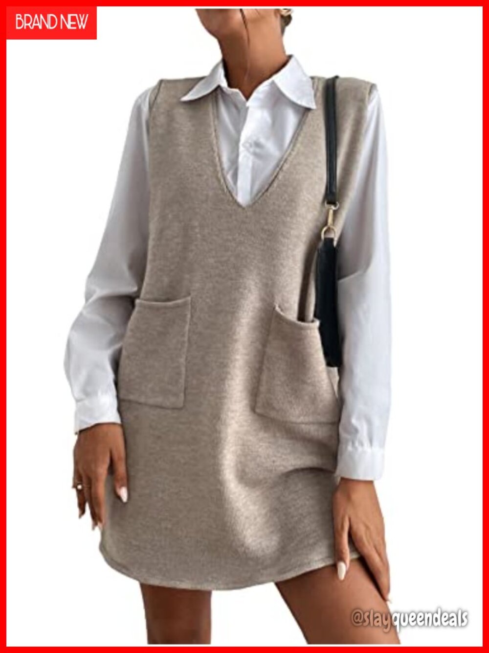Women's V Neck Sweater Vest Dress Sleeveless Loose Fit Casual Fall Overall Dress